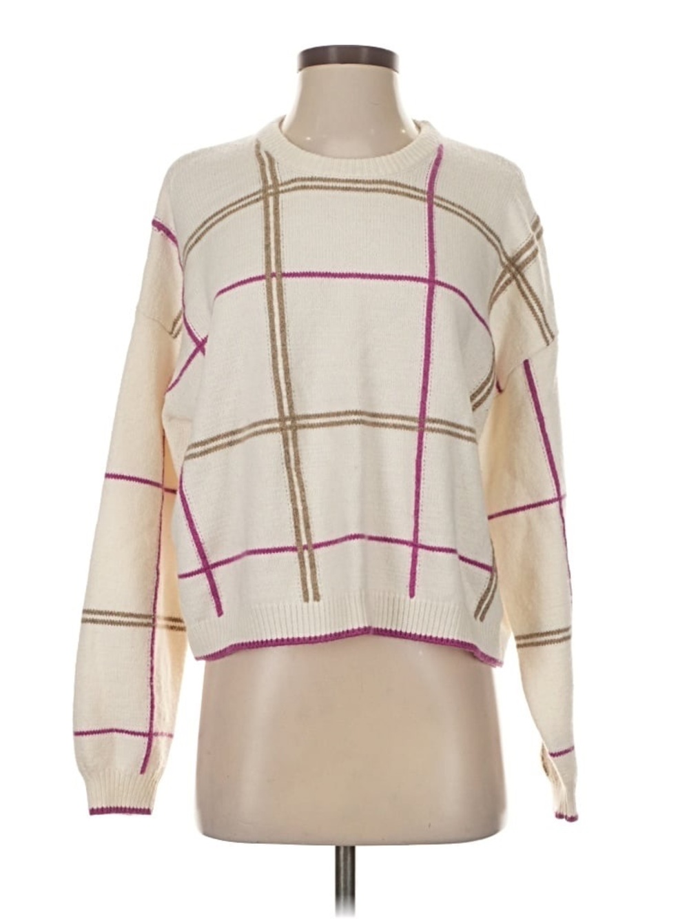Splendid Giselle Cream & Pink Crewneck Sweater Plaid Small